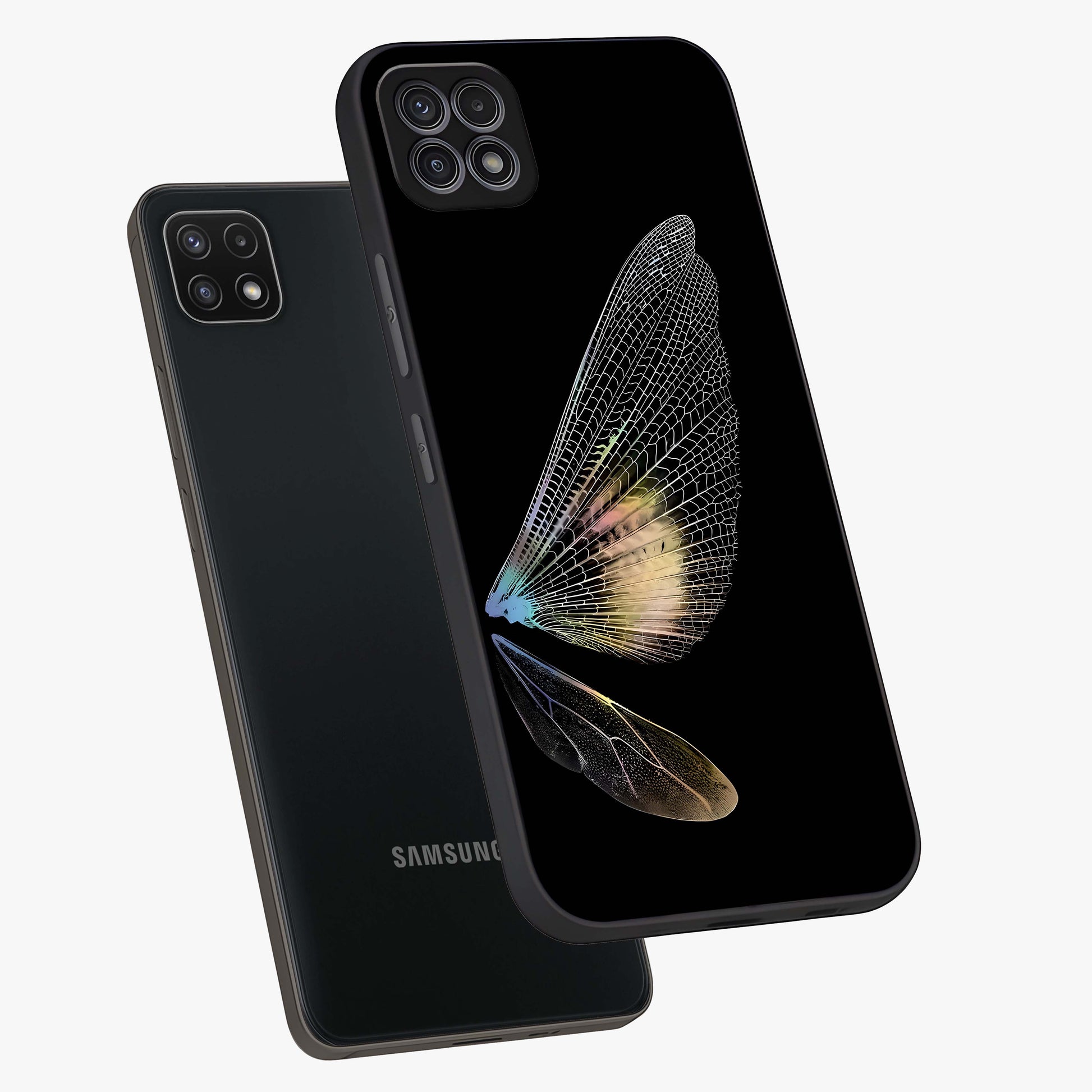 Whispers Of Wings Glass Case displayed in angled mockup highlighting soft feather design with celestial aesthetic style.