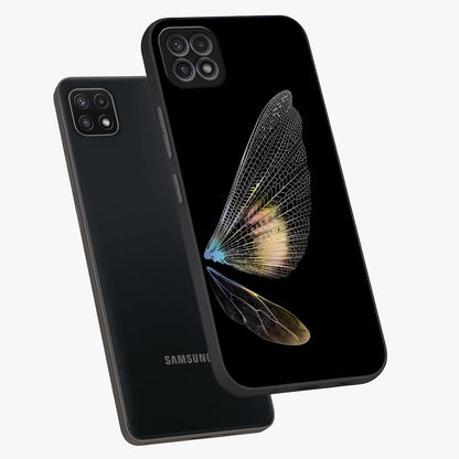 Whispers Of Wings Glass Case displayed in angled mockup highlighting soft feather design with celestial aesthetic style.