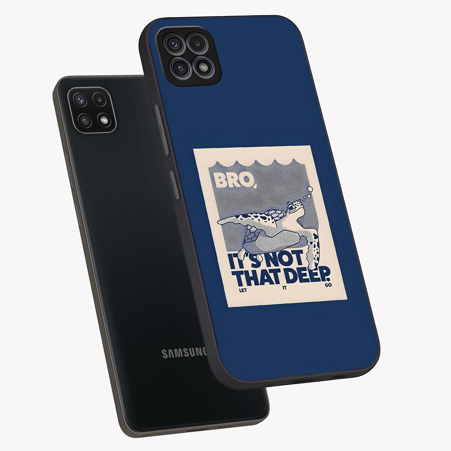 Worry Less Swim Glass Case displayed in angled mockup highlighting fun typography design with relaxed aesthetic style.