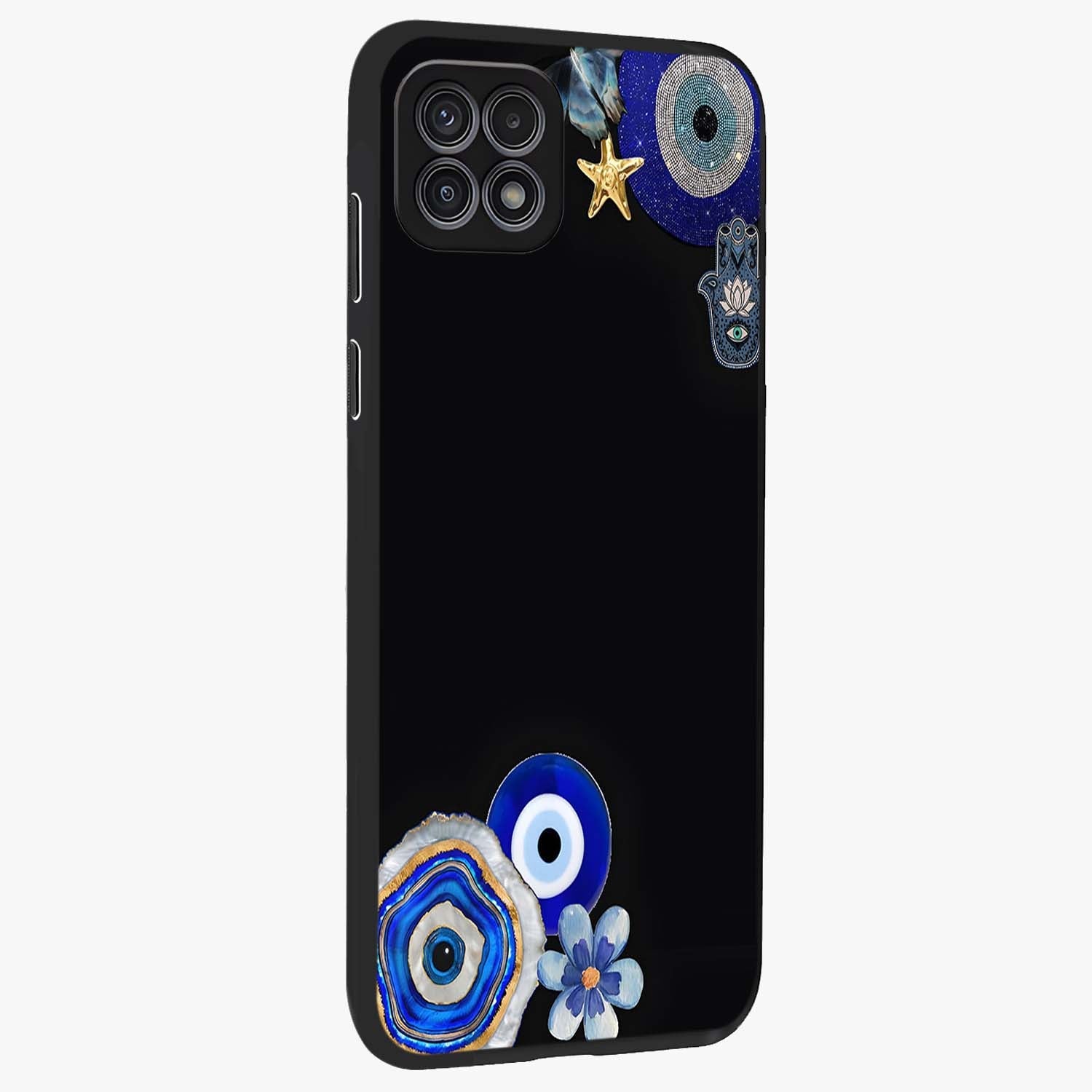 Aesthetic Blue Evil Eye Glass Case upright view showcasing mystical evil eye graphic with minimal aesthetic style.