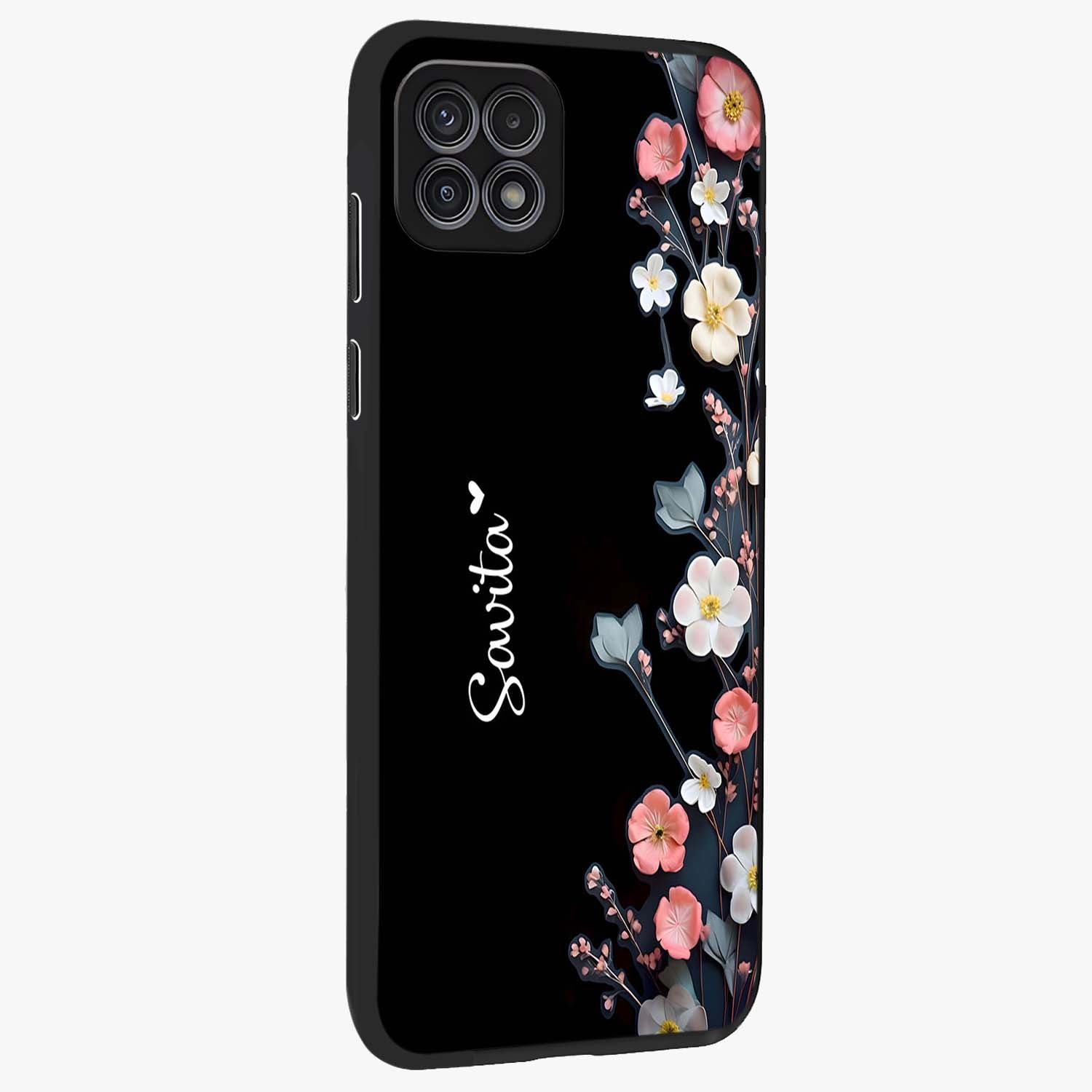 Black Elegance Floral Custom Name Glass Case upright view showcasing luxurious black floral design with personalized name detail.
