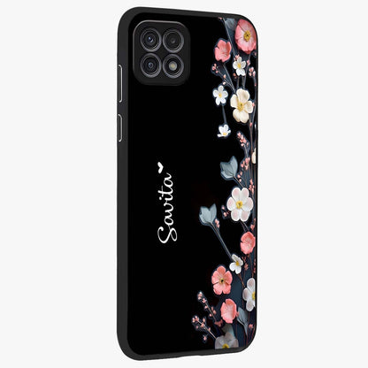 Black Elegance Floral Custom Name Glass Case upright view showcasing luxurious black floral design with personalized name detail.