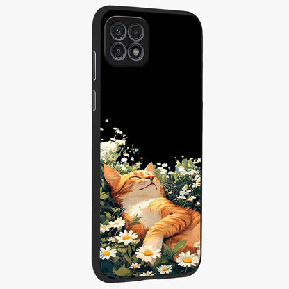 Blissful Bloom Cat Glass Case upright view showcasing charming cat design surrounded by blooming floral elements.