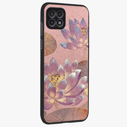 Blossom Mist Lotus Glass Case upright view showcasing graceful lotus flower design with peaceful botanical style.