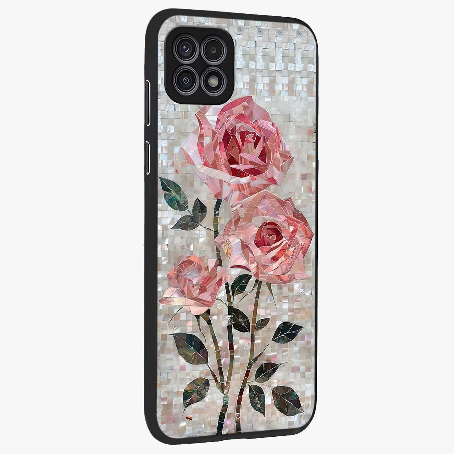 Blush Mosaic Bloom Glass Case upright view showcasing decorative floral mosaic artwork with stylish modern aesthetic.