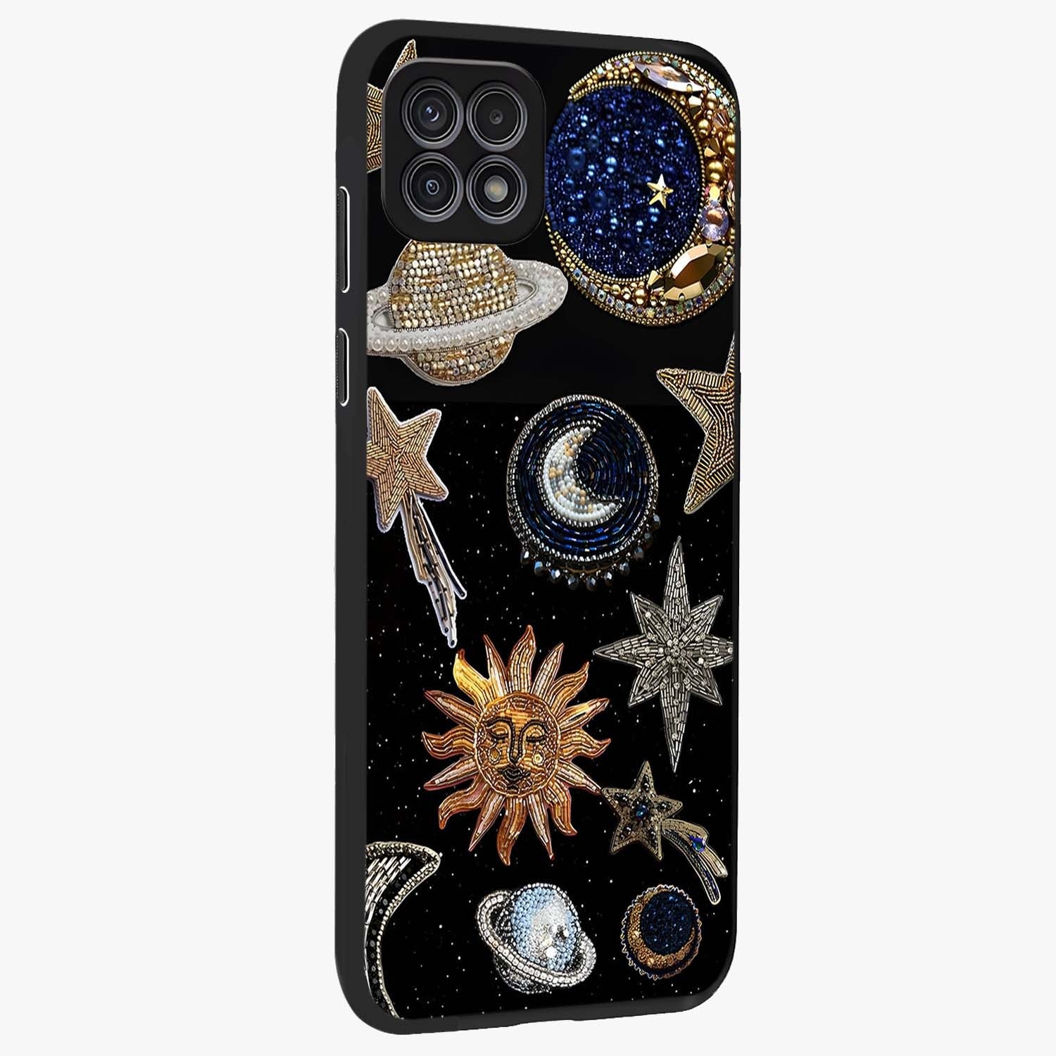 Celestial Gem Constellations Glass Case upright view showcasing cosmic constellation artwork with celestial aesthetic style.