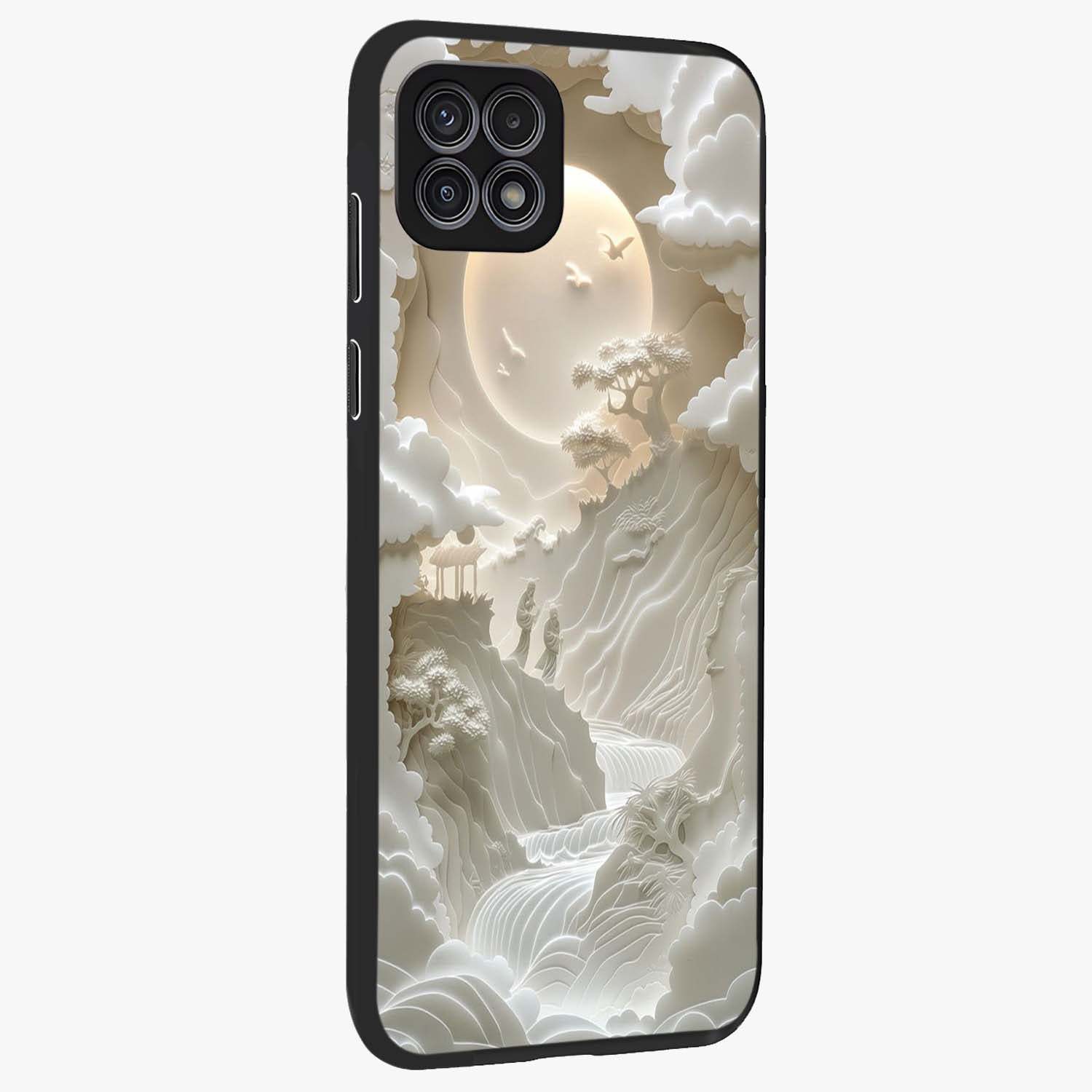 Celestial Origami Glass Case upright view showcasing creative origami artwork with modern celestial style.