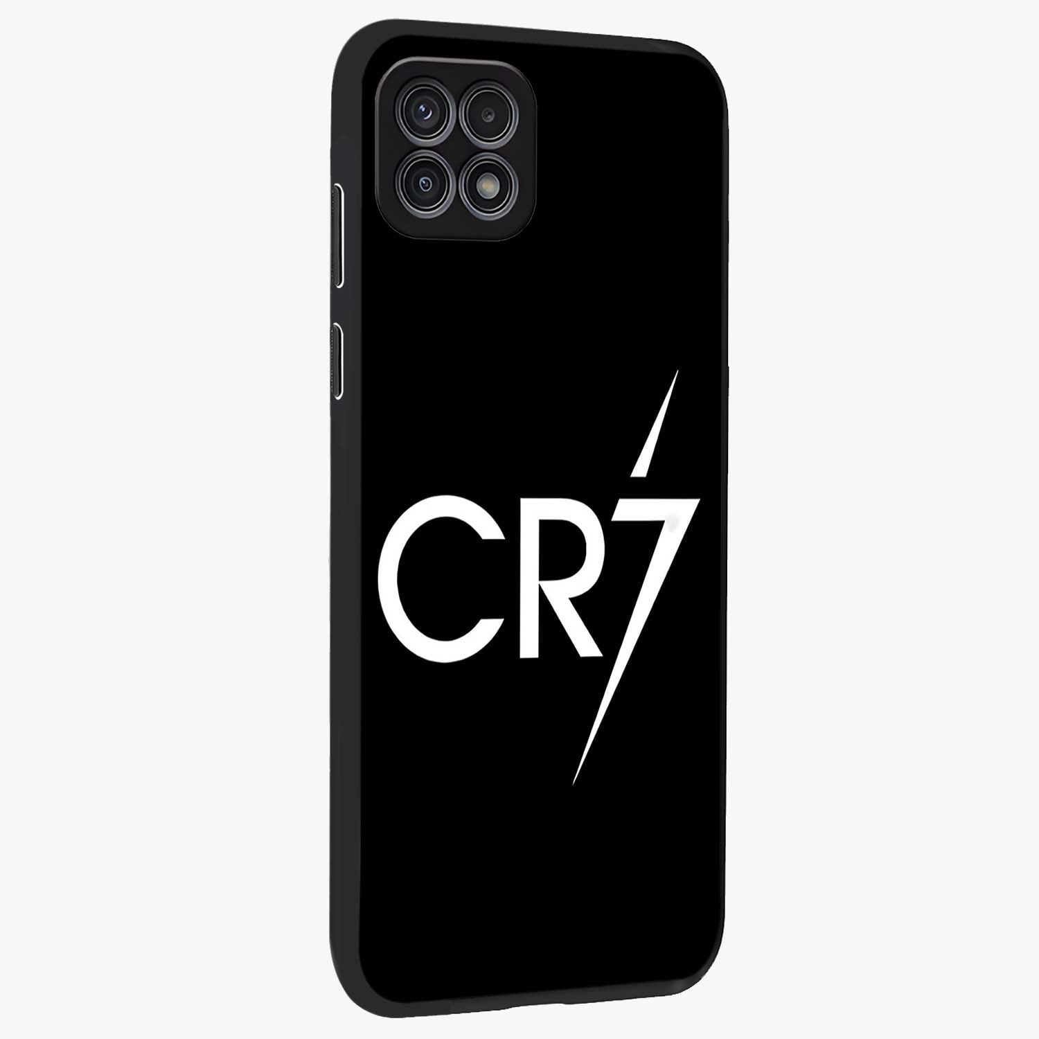 Cr7 Elite Strike Glass Case upright view showcasing energetic football inspired design with modern sports aesthetic.