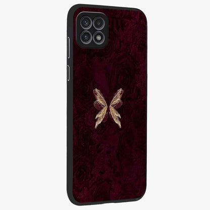 Crimson Fade Butterfly Glass Case upright view showcasing graceful butterfly artwork with soft crimson fade effect.