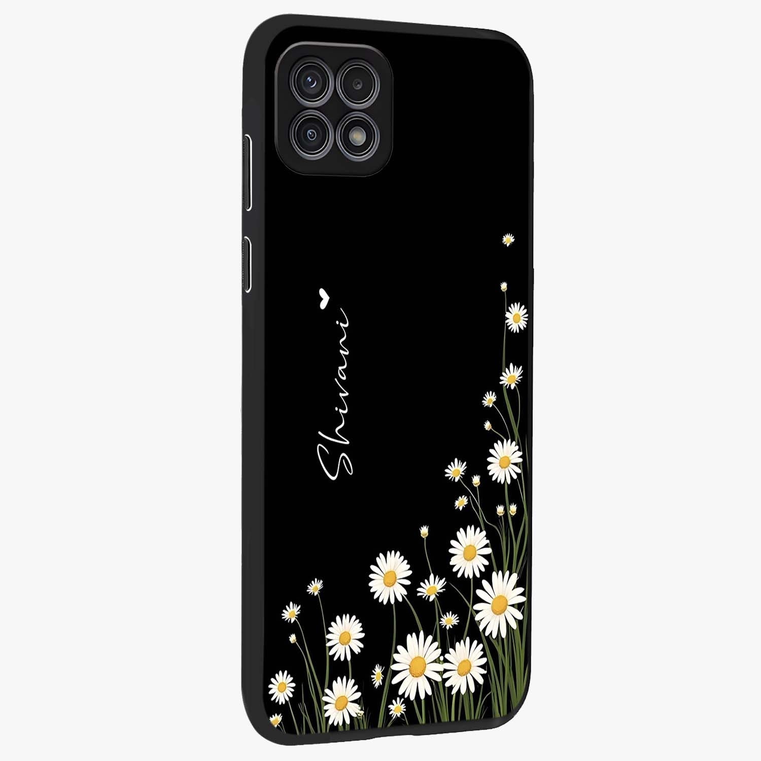 Daisy Cascade Custom Name Glass Case upright view showcasing elegant floral cascade design with personalized aesthetic.