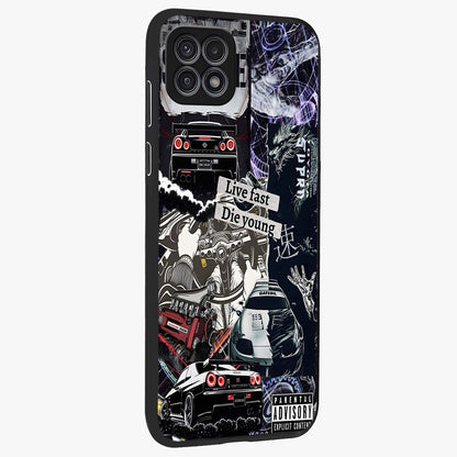 Die Young Glass Case upright view showcasing striking typography artwork with modern statement theme.