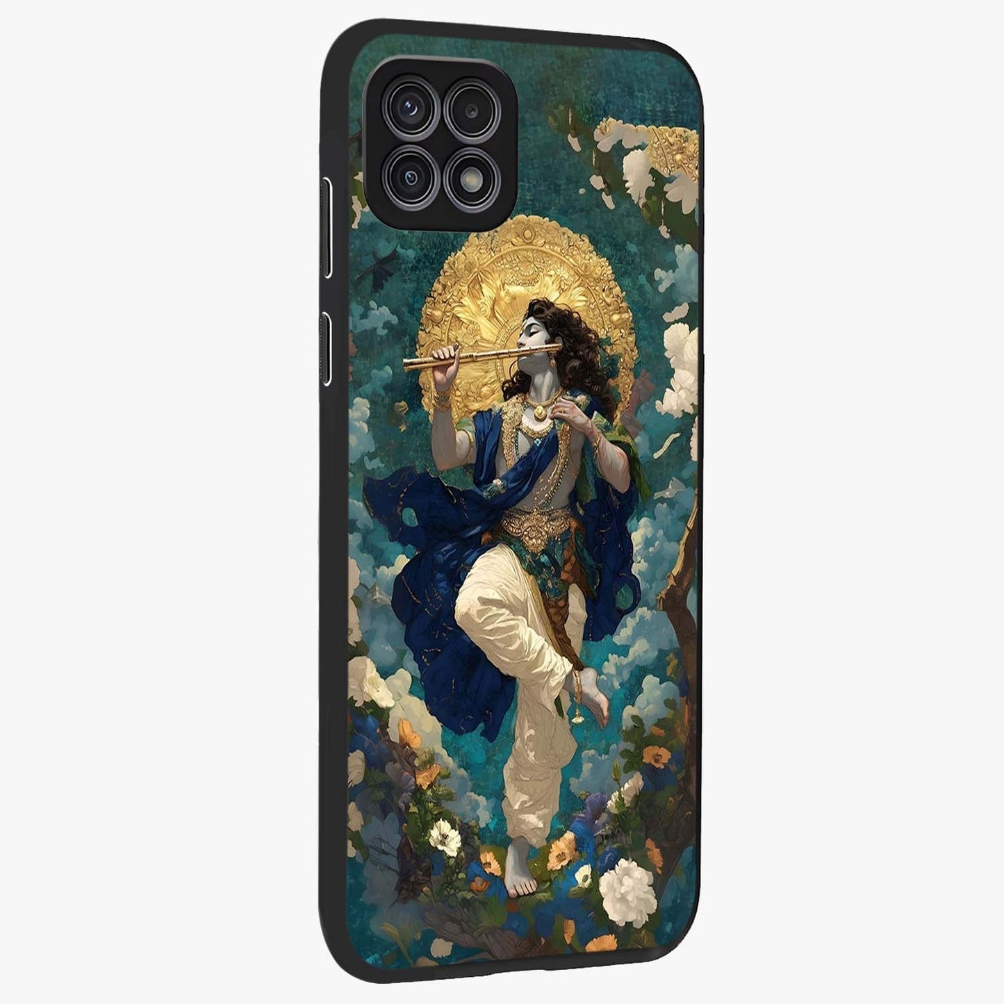 Divine Krishna Art Glass Case upright view showcasing divine Krishna artwork with sacred artistic theme.