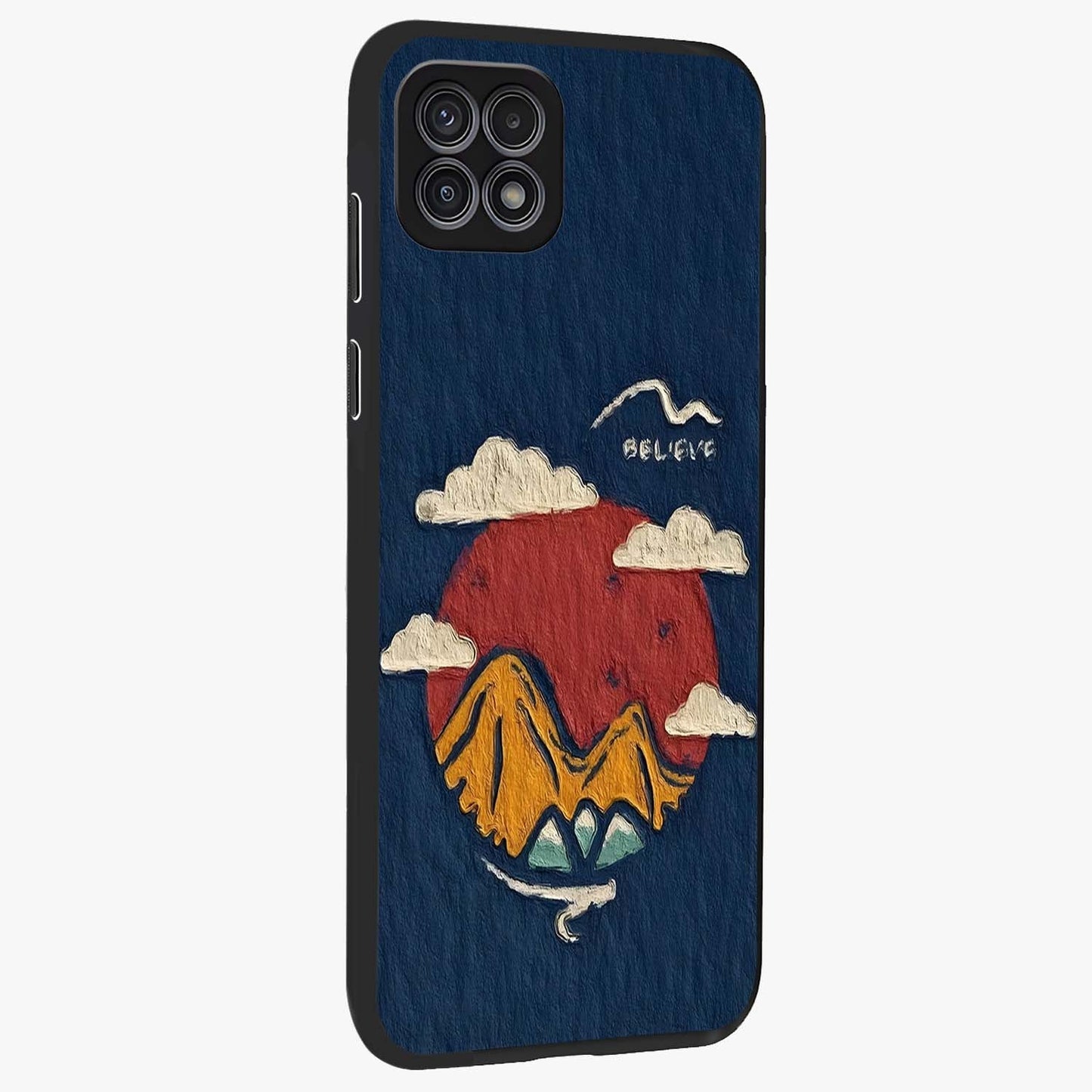 Dream Beyond Mountains Glass Case upright view showcasing beautiful mountain scenery with inspirational nature theme.