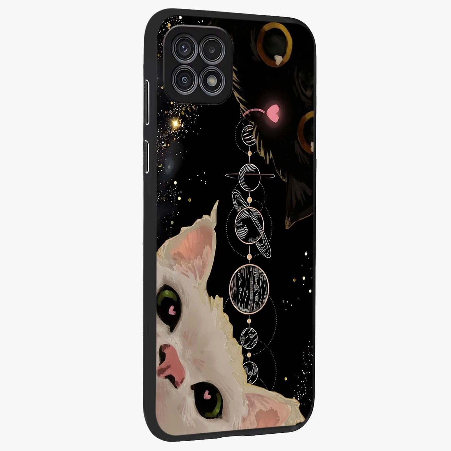 Galactic Cat Glass Case upright view showcasing mystical cat artwork with dreamy cosmic theme.