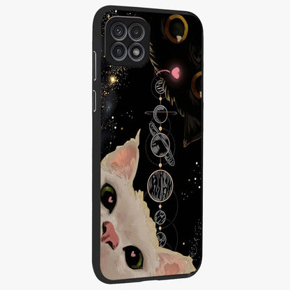 Galactic Cat Glass Case upright view showcasing mystical cat artwork with dreamy cosmic theme.