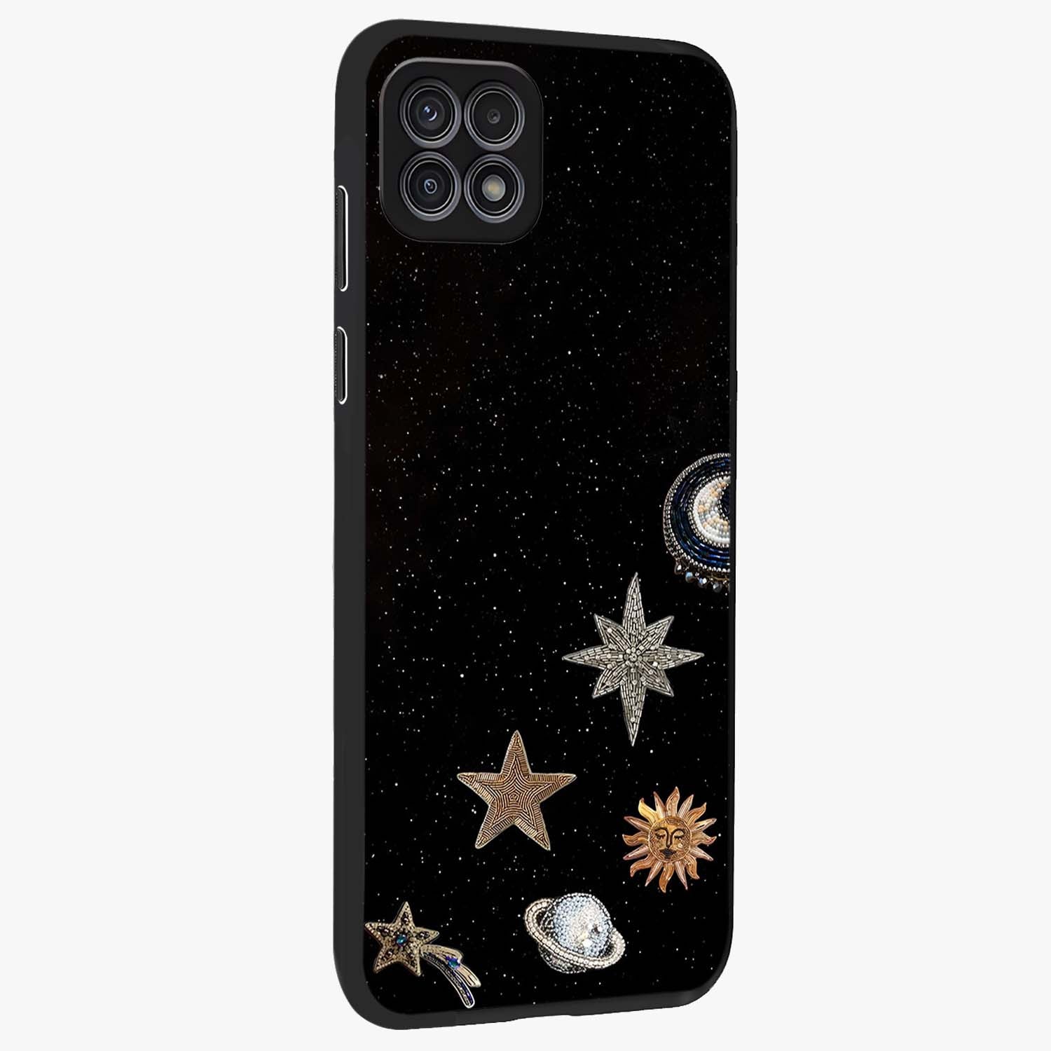 Galactic Charm Glow Glass Case upright view showcasing glowing cosmic charm artwork with magical celestial style.