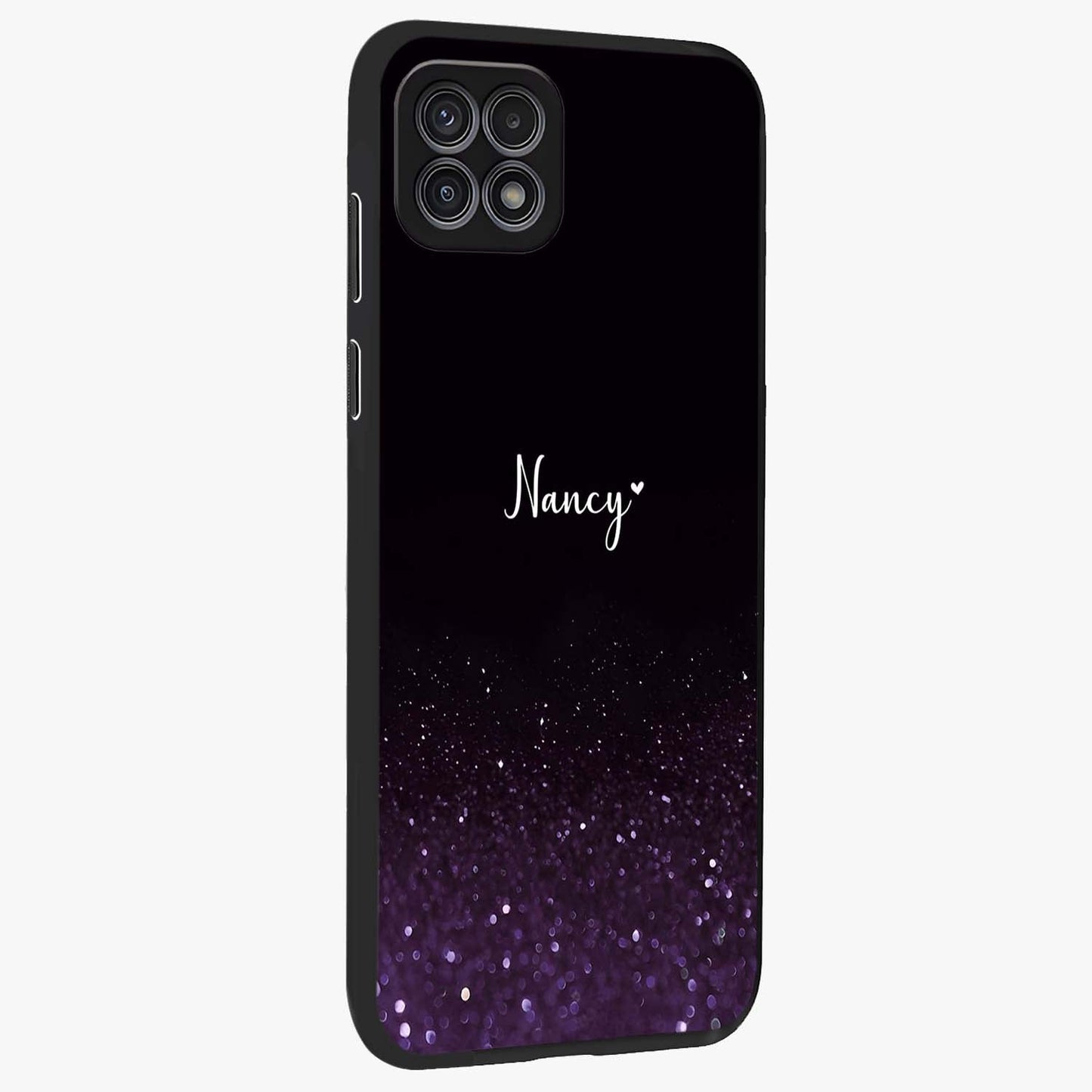 Glittery Purple Bokeh Custom Name Glass Case upright view showcasing vibrant purple sparkle artwork with personalized aesthetic style.