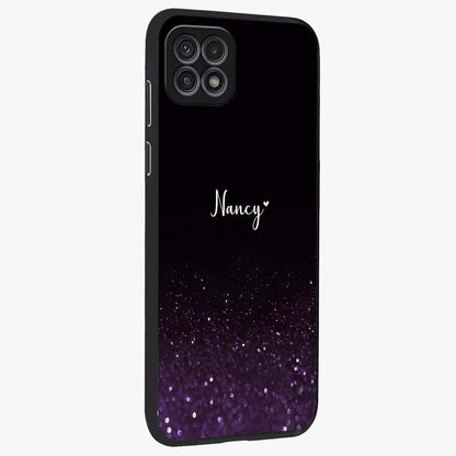 Glittery Purple Bokeh Custom Name Glass Case upright view showcasing vibrant purple sparkle artwork with personalized aesthetic style.