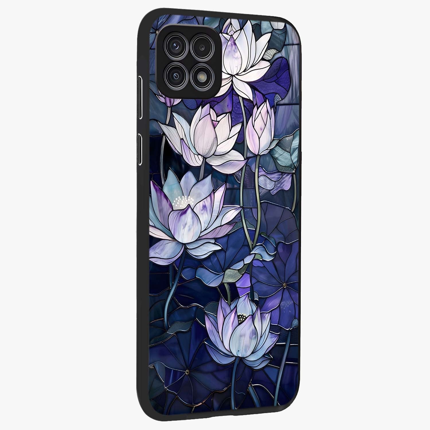 Gloss Petal Rush Glass Case upright view showcasing dynamic floral petal artwork with modern botanical theme.