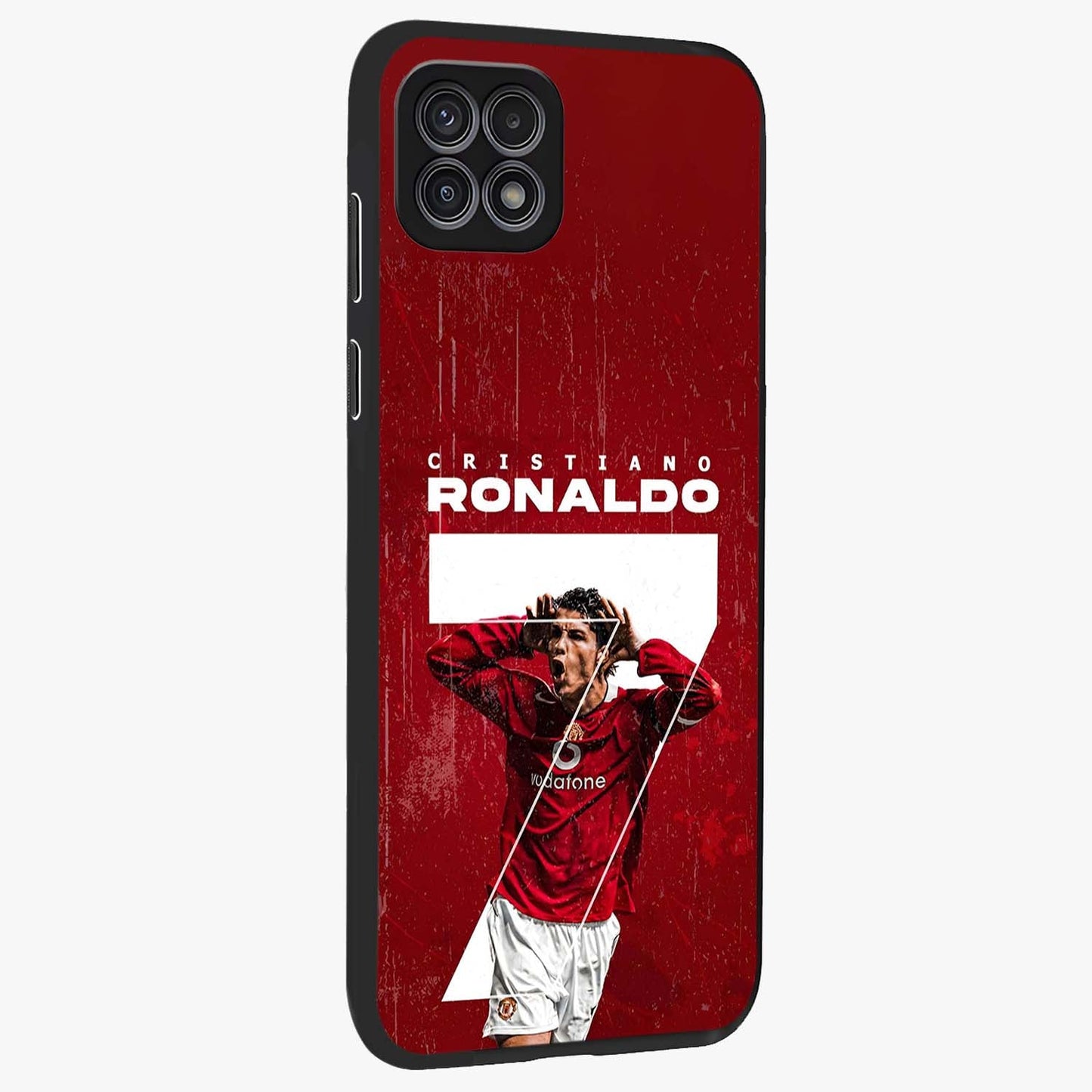 Goal Celebration Legacy Glass Case upright view showcasing dynamic football inspired artwork with victory celebration aesthetic.