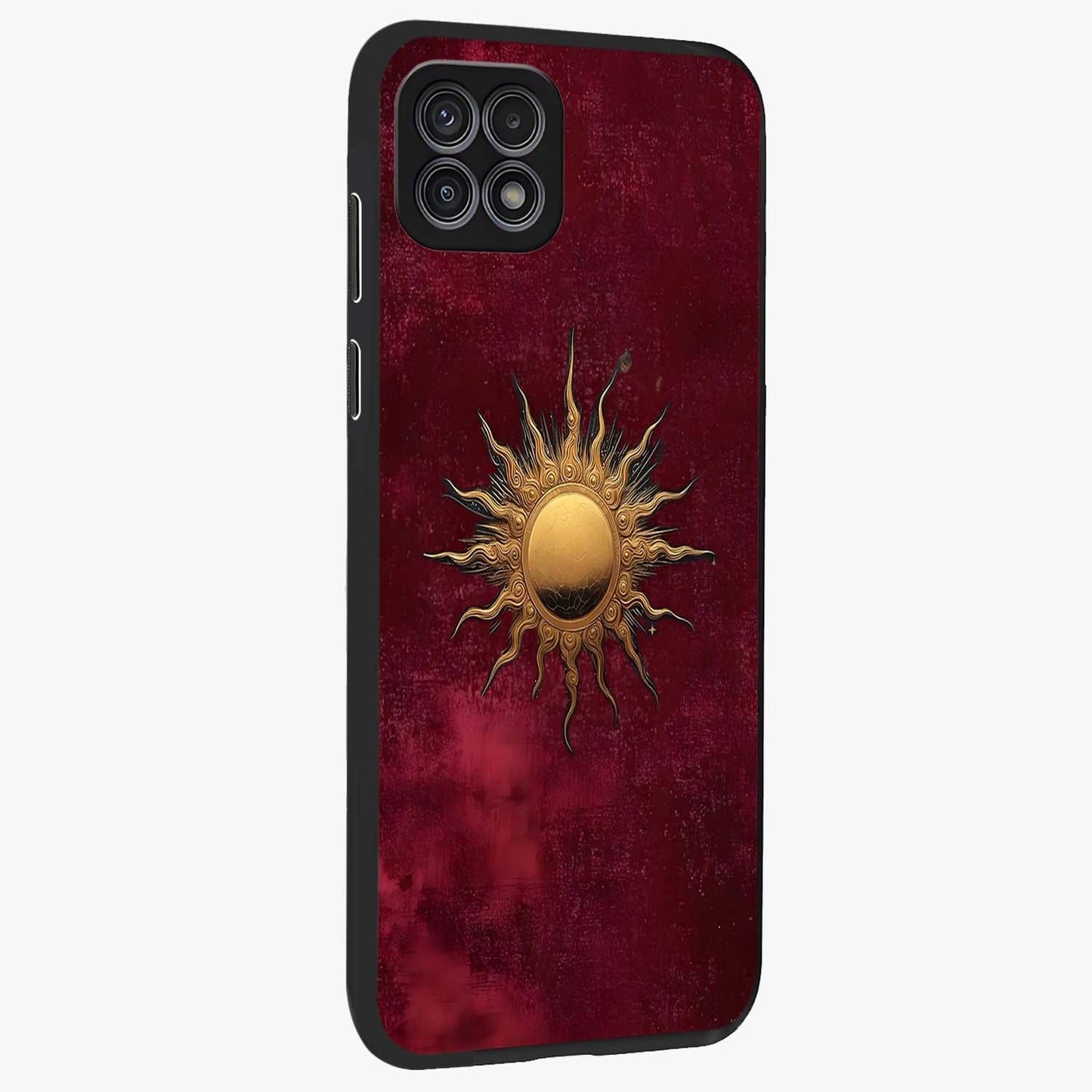 Golden Sun Minimalism Glass Case upright view showcasing simple golden sun artwork with elegant minimalist style.
