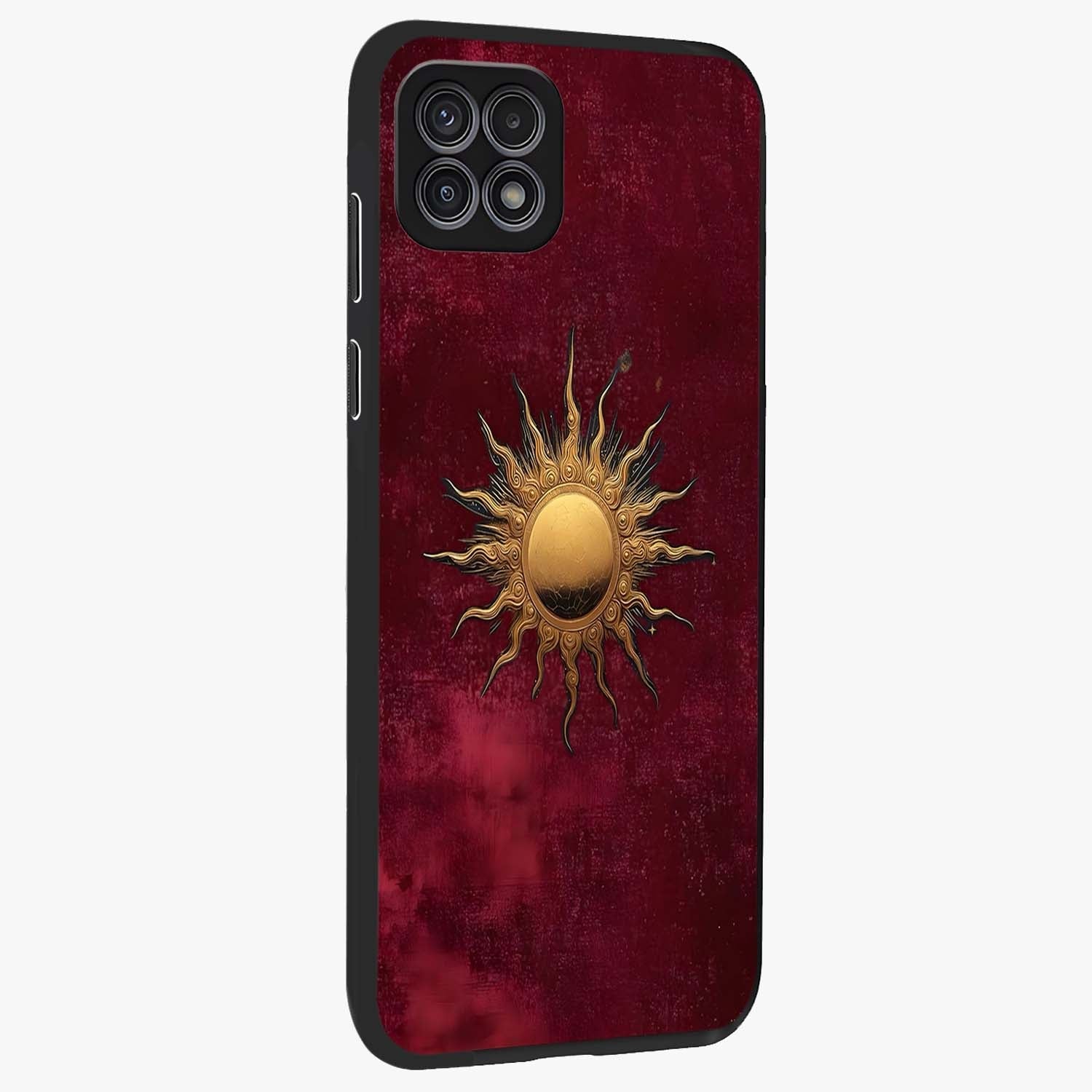 Golden Sun Minimalism Glass Case upright view showcasing simple golden sun artwork with elegant minimalist style.