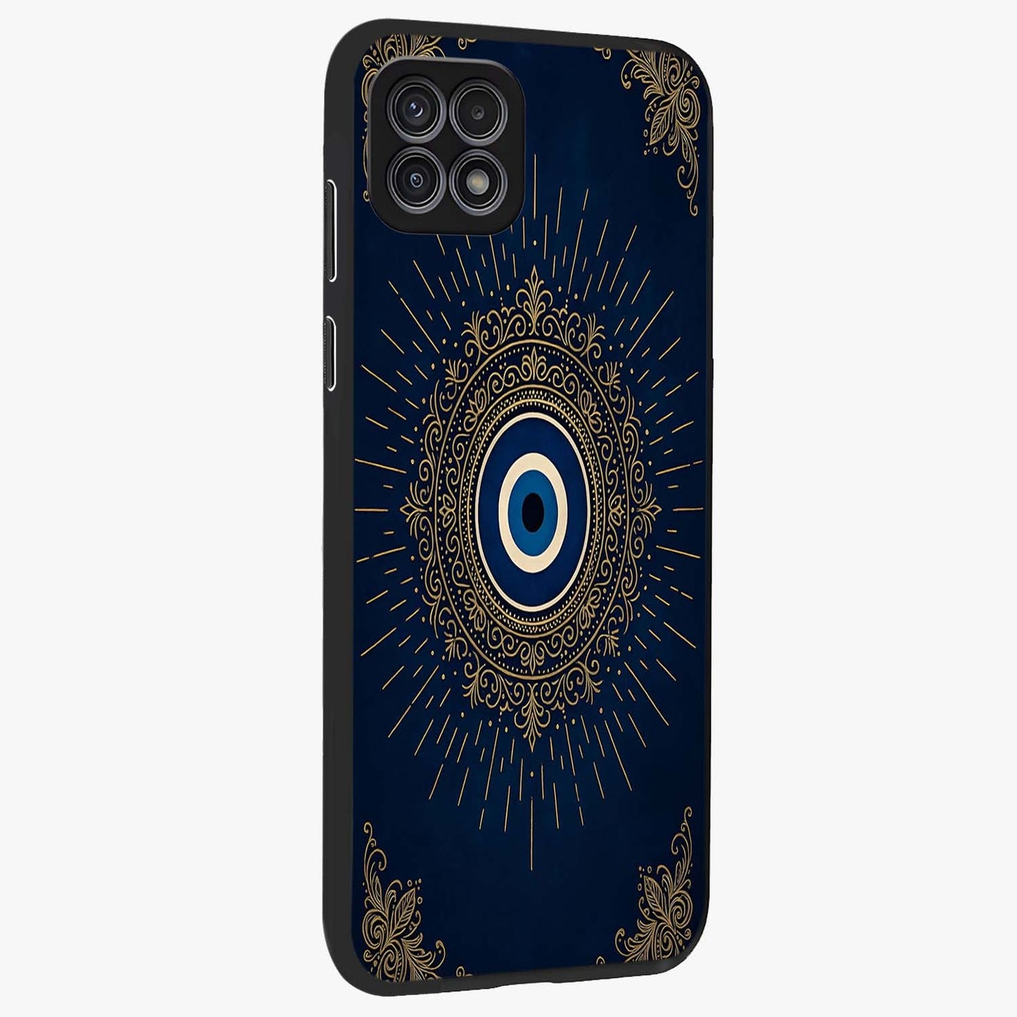 Golden Celestial Charm Glass Case upright view showcasing radiant celestial artwork with elegant golden theme.