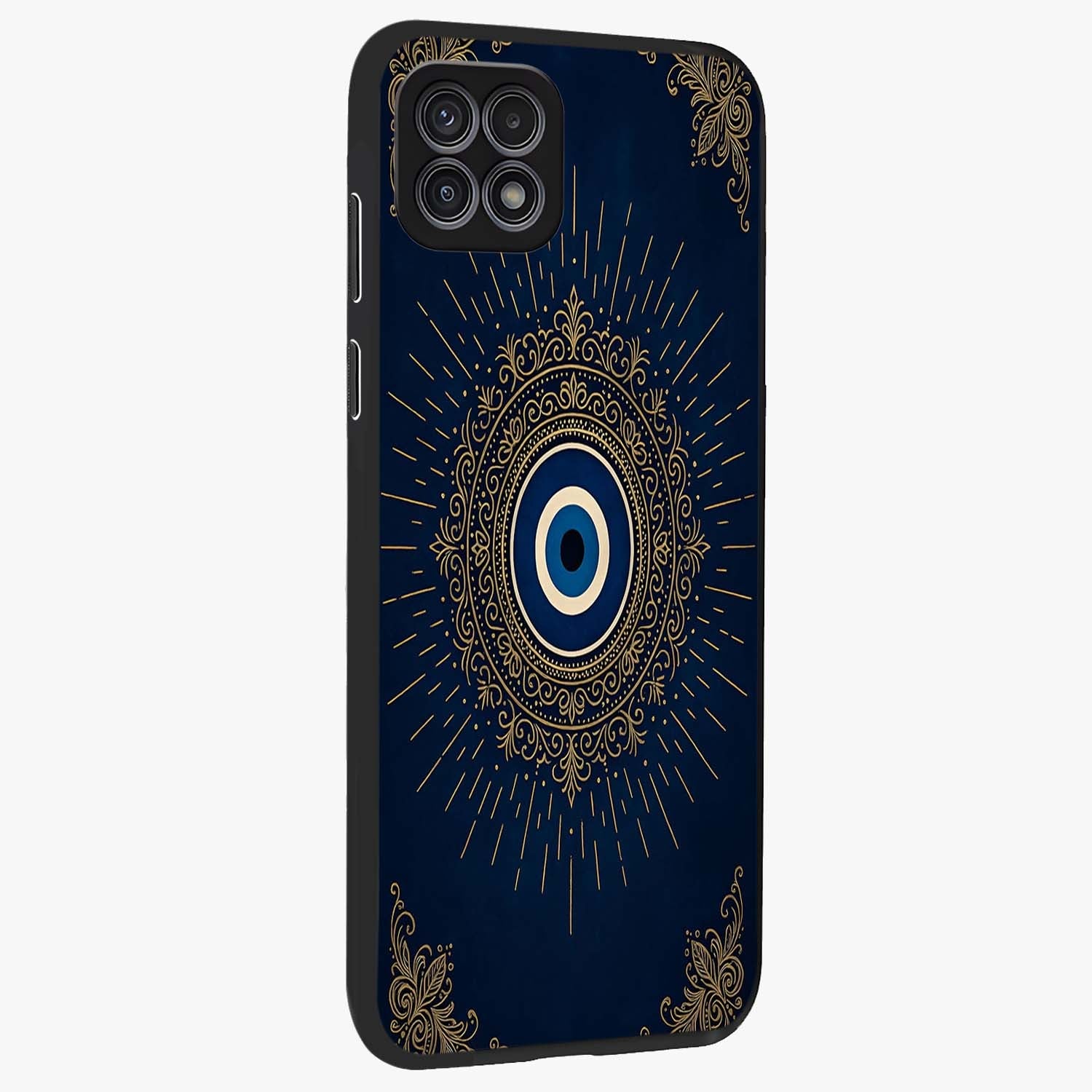Golden Celestial Charm Glass Case upright view showcasing radiant celestial artwork with elegant golden theme.