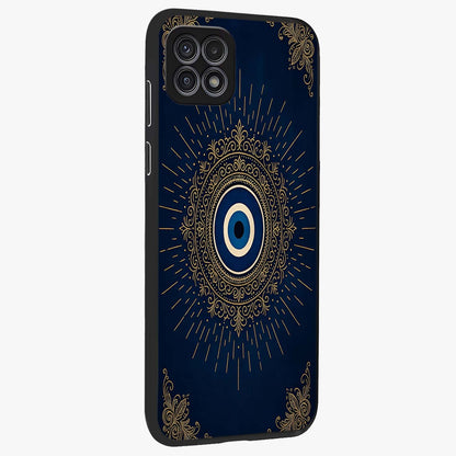 Golden Celestial Charm Glass Case upright view showcasing radiant celestial artwork with elegant golden theme.