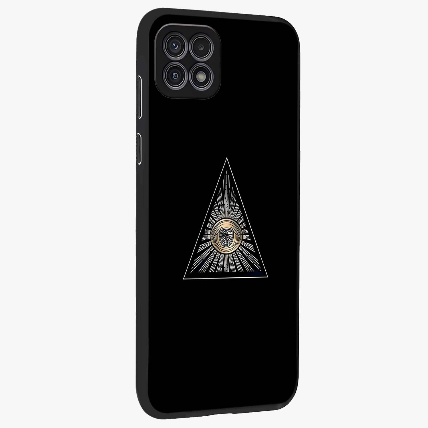 Illuminati Evil Glass Case upright view showcasing striking illuminati artwork with mysterious symbolic theme.