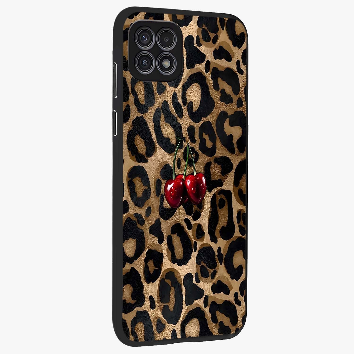 Leopard Wild Cherry Glass Case upright view showcasing stylish leopard pattern artwork with trendy fashion theme.