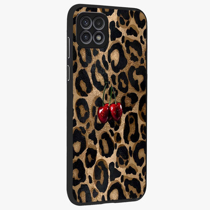 Leopard Wild Cherry Glass Case upright view showcasing stylish leopard pattern artwork with trendy fashion theme.