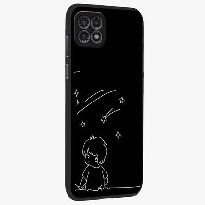 Line Art Boy With Shooting Stars Glass Case upright view showcasing artistic shooting star illustration with minimal style.