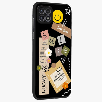 Lucky Aesthetic Collage Glass Case upright view showcasing vibrant collage artwork with youthful aesthetic theme.