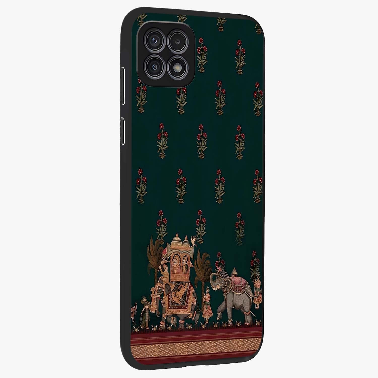 Macmerise Glass Case upright view showcasing bold artistic artwork with contemporary design theme.