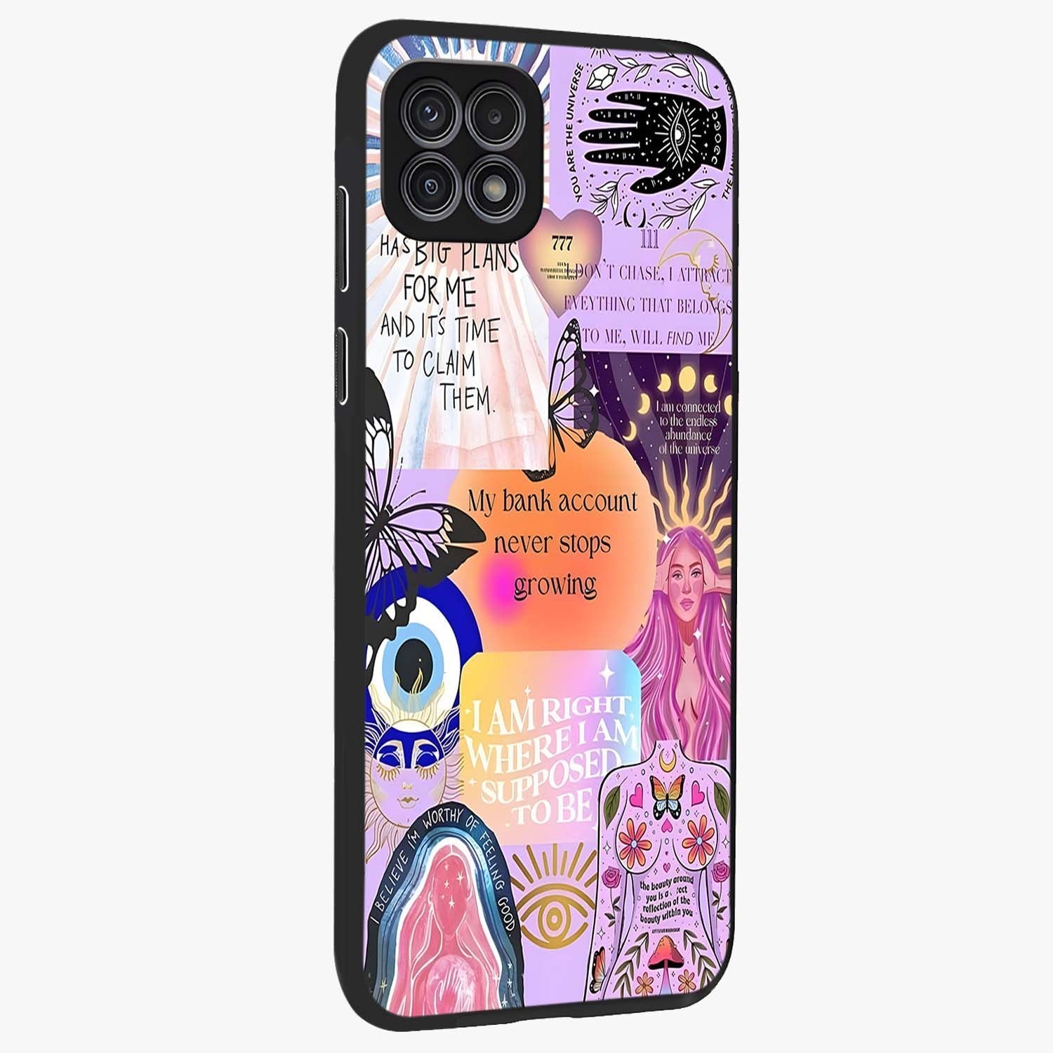 Manifestation Collage Glass Case upright view showcasing artistic manifestation themed artwork with creative style.