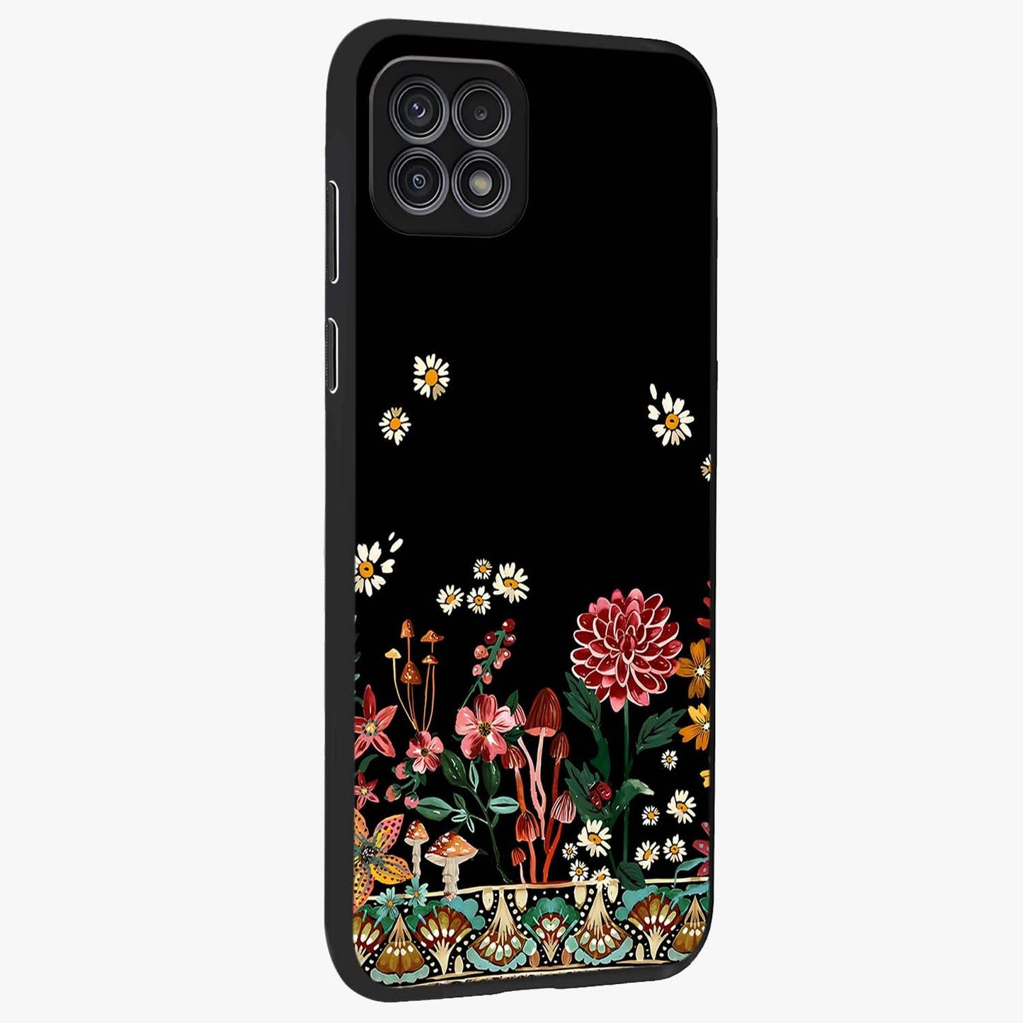 Midnight Bloom Pattern Glass Case upright view showcasing decorative floral artwork with deep night themed palette.