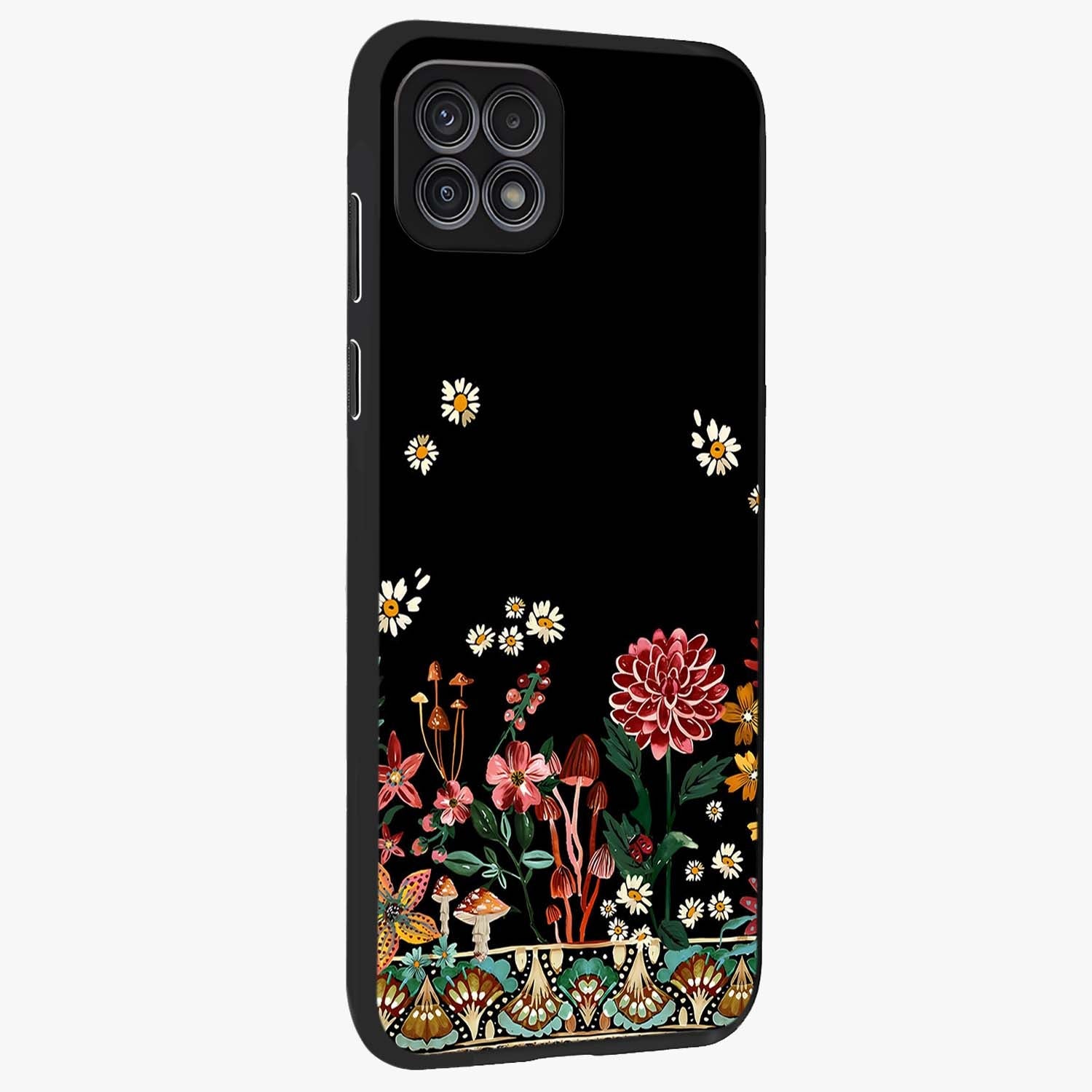 Midnight Bloom Pattern Glass Case upright view showcasing decorative floral artwork with deep night themed palette.