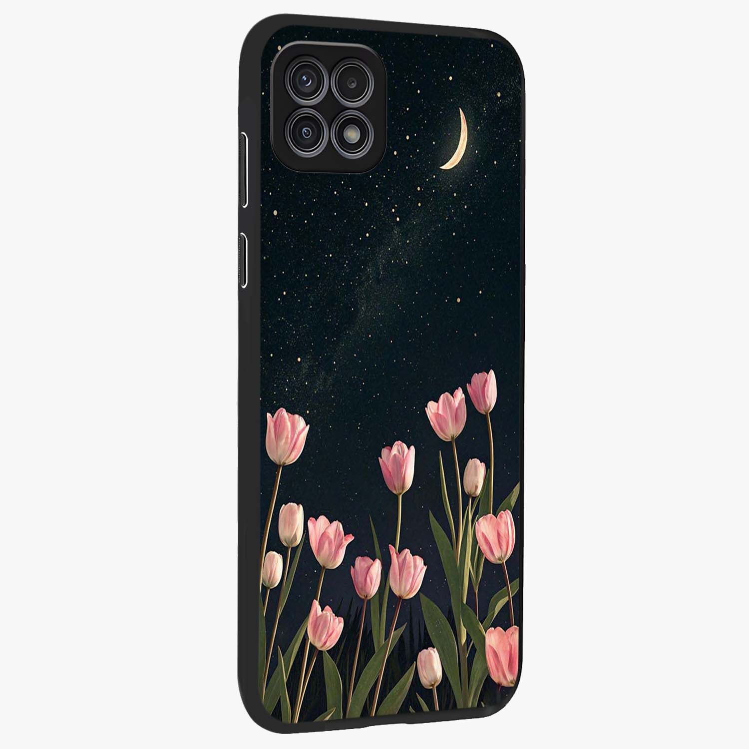 Midnight Tulip Whispers Vibe Glass Case upright view showcasing graceful tulip artwork with calm botanical theme.