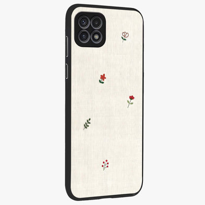 Minimalistic Blue With White Flower Pattern Glass Case upright view showcasing clean white flower artwork with calming blue theme.