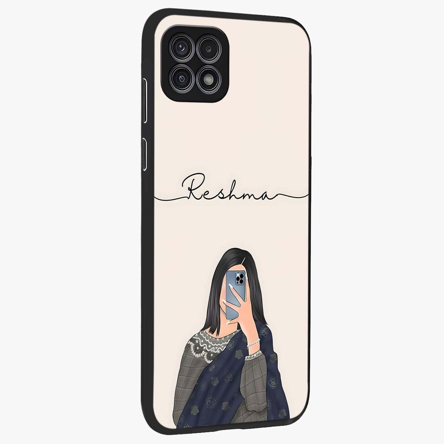 Mirror Mood Muse With Custom Name Glass Case upright view showcasing artistic mirror themed artwork with personalized aesthetic.