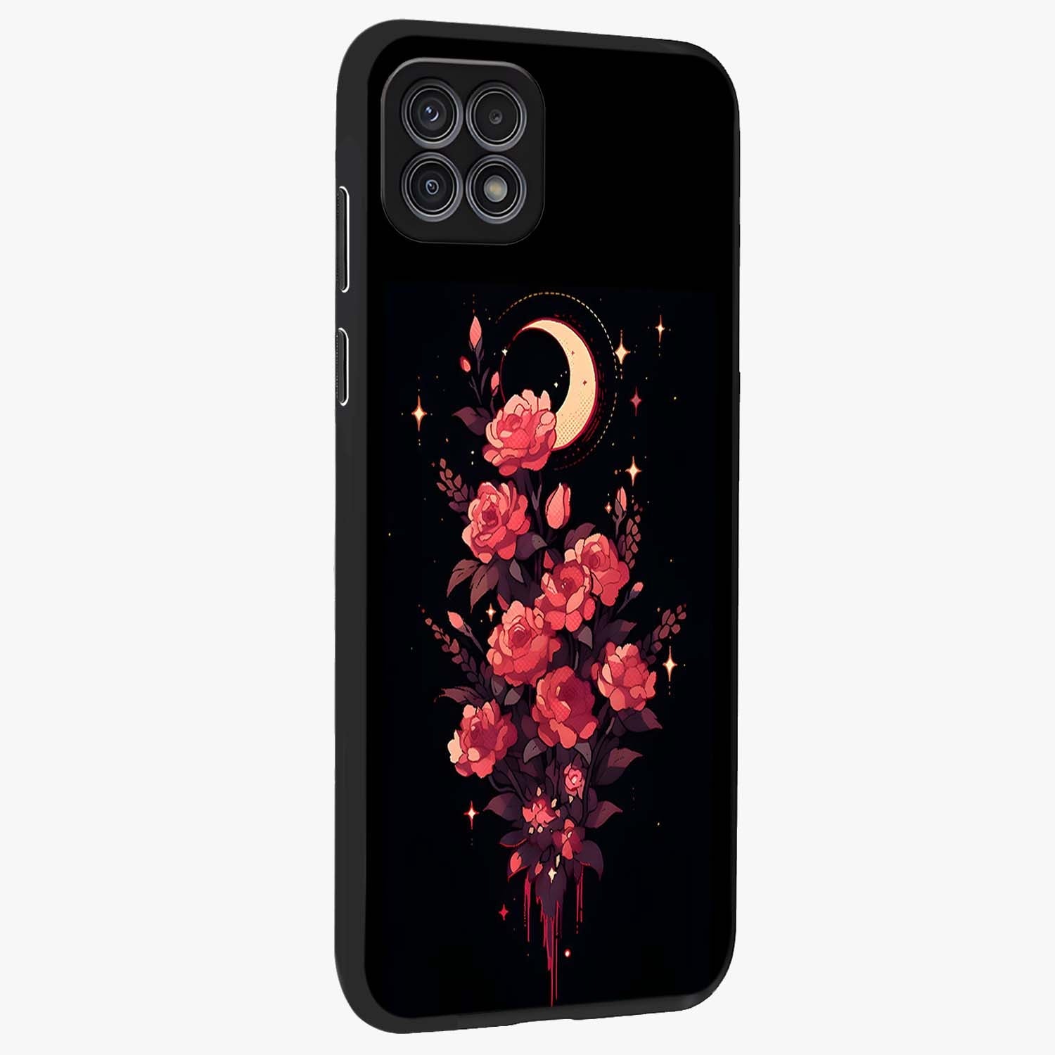 Moonlit Floral Elegance Glass Case upright view showcasing delicate floral artwork with refined night inspired theme.
