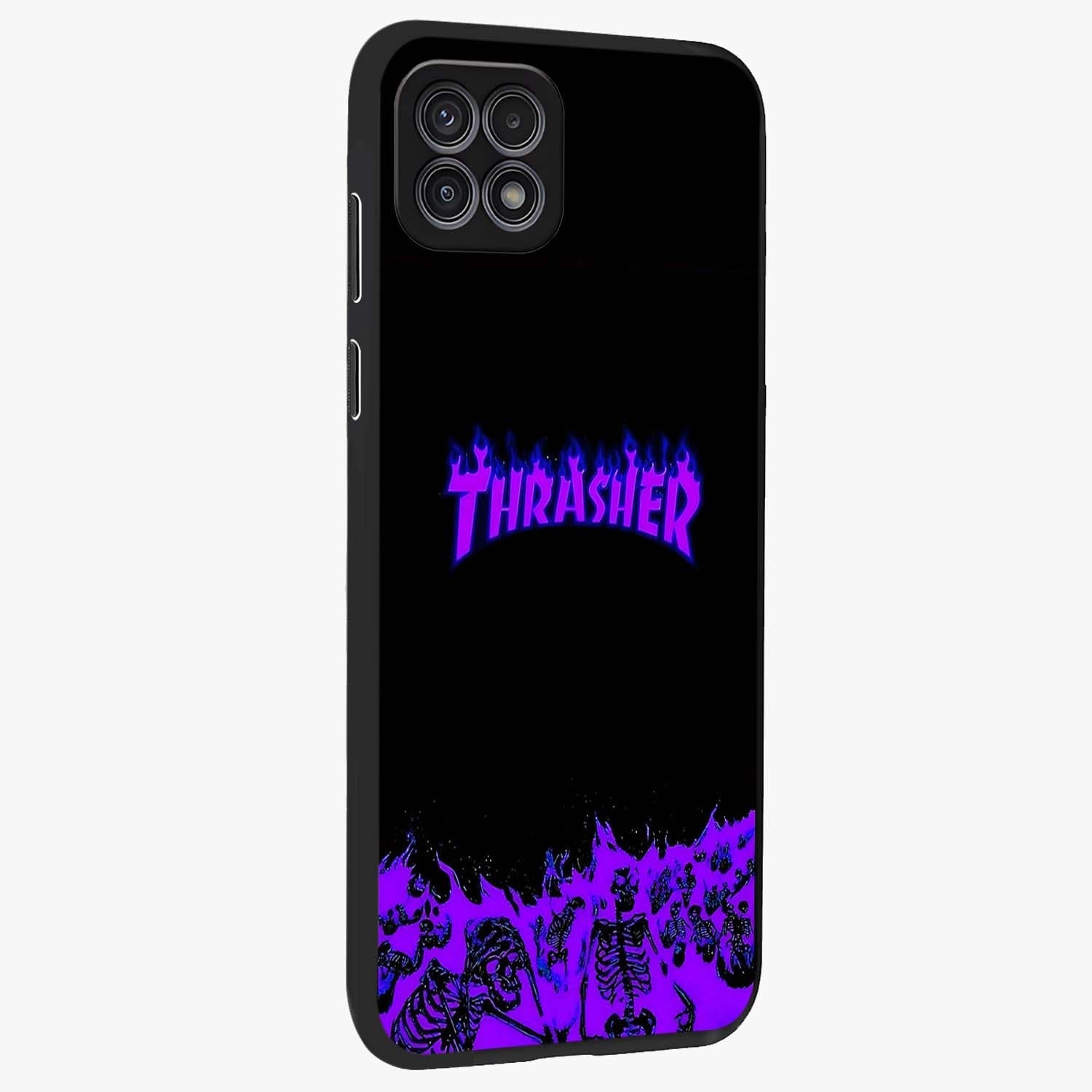 Neon Flame Riot Glass Case upright view showcasing dynamic flame artwork with energetic neon theme.