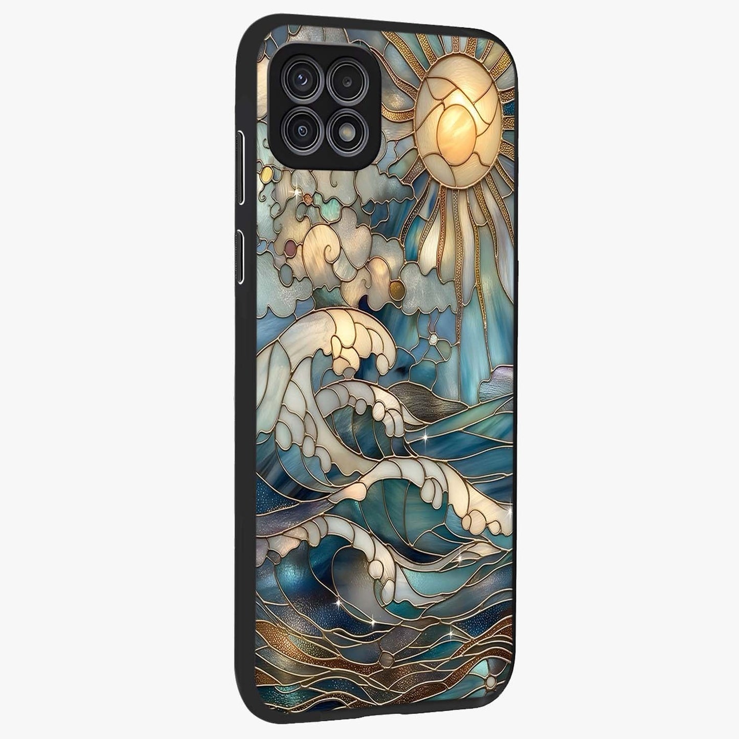Oceanic Stained Printed Glass Case upright view showcasing decorative ocean pattern artwork with vibrant marine theme.
