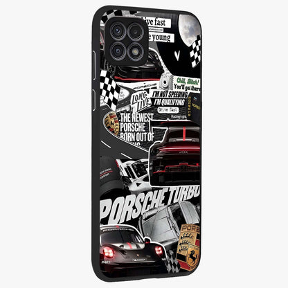 Porsche Racing Collage Glass Case upright view showcasing energetic car collage artwork with high speed racing theme.