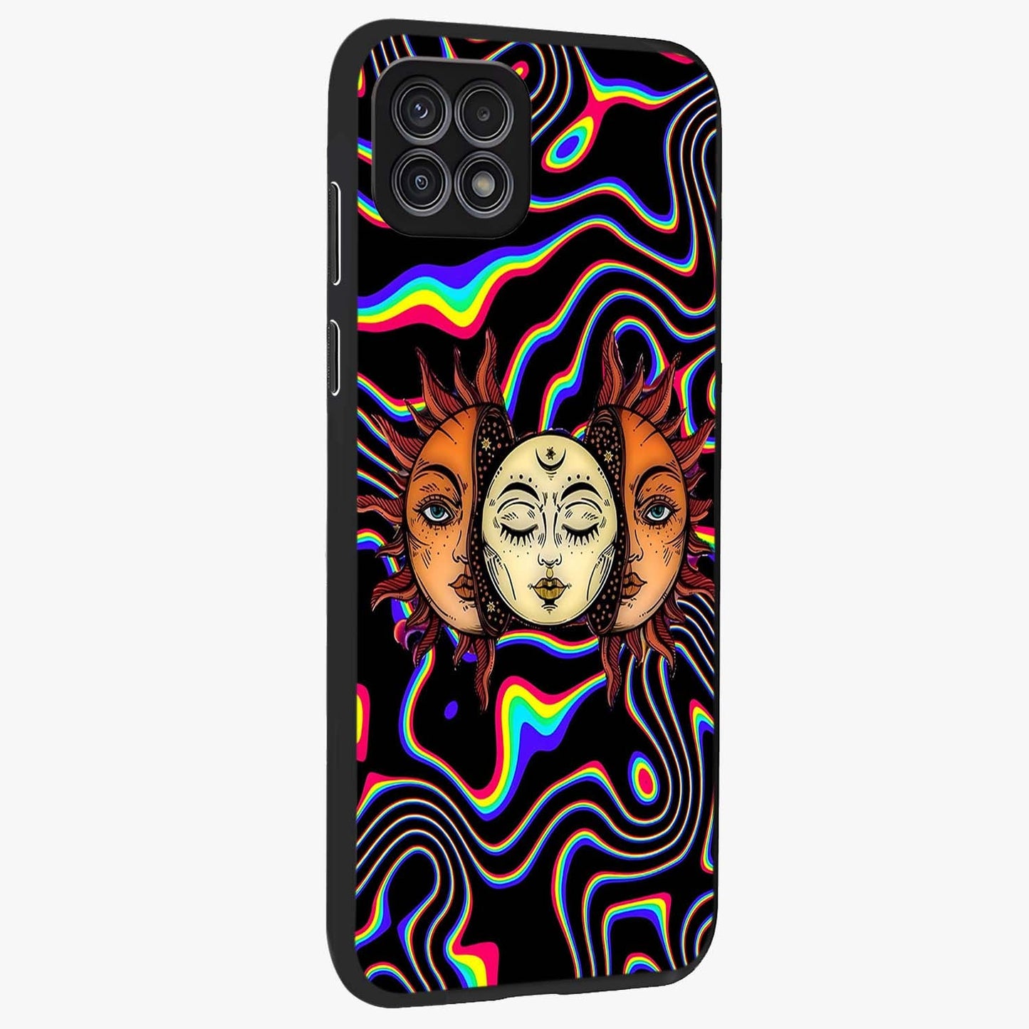 Psychedelic Sun Glass Case upright view showcasing trippy sun artwork with bold psychedelic theme.