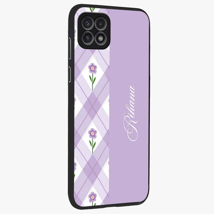 Purple Diamond Floral Glass Case upright view showcasing vibrant floral artwork with stylish geometric theme.