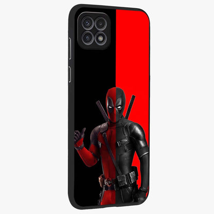 Red & Black Deadpool Theme Glass Case upright view showcasing energetic comic themed artwork with striking red and black design.