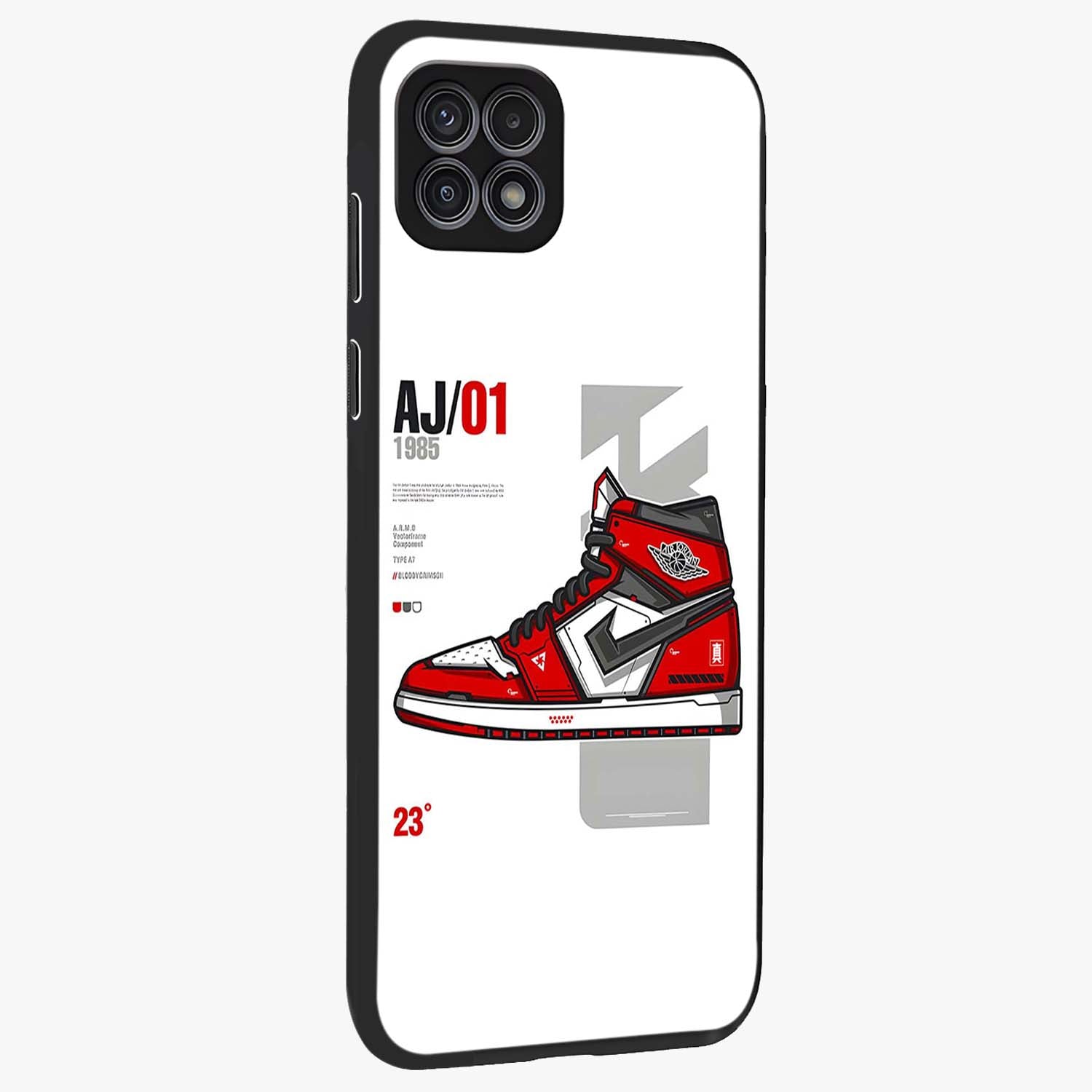Retro Sneaker Blueprint Glass Case upright view showcasing stylish sneaker illustration with vintage streetwear theme.