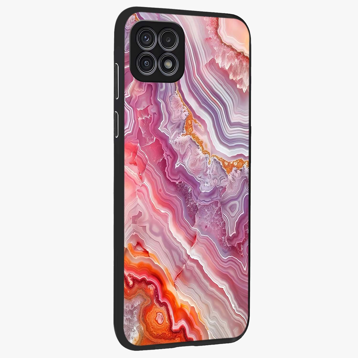 Rose Quartz Marble Glass Case upright view showcasing decorative marble artwork with luxurious pastel theme.